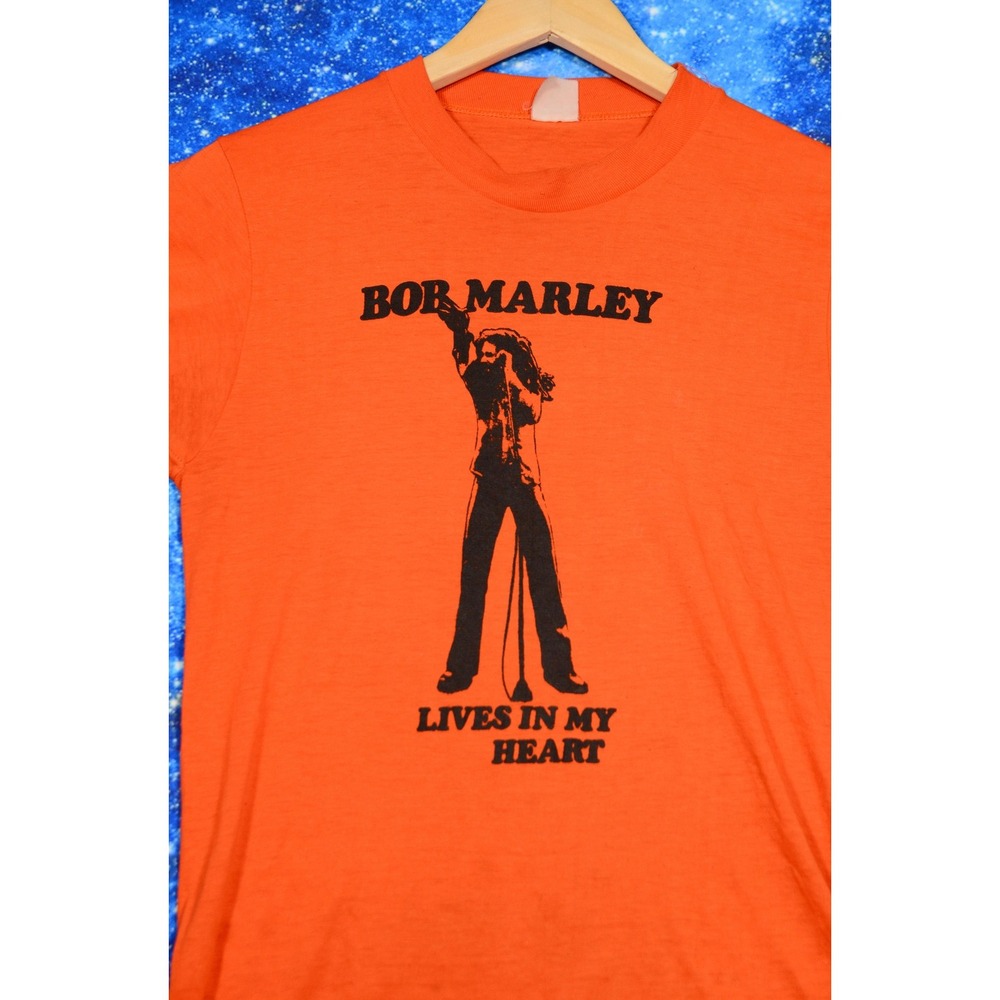 Vintage Bob Marley Shirt Mens‎ Small Orange Lives In My Heart Graphic Reggae Tee - Picture 2 of 8